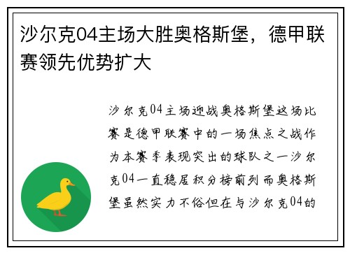 沙尔克04主场大胜奥格斯堡，德甲联赛领先优势扩大